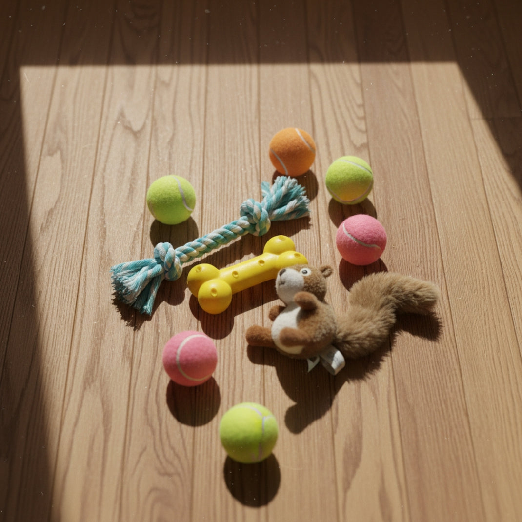 Collection of dog toys including balls and a chew toy on a wooden floor.