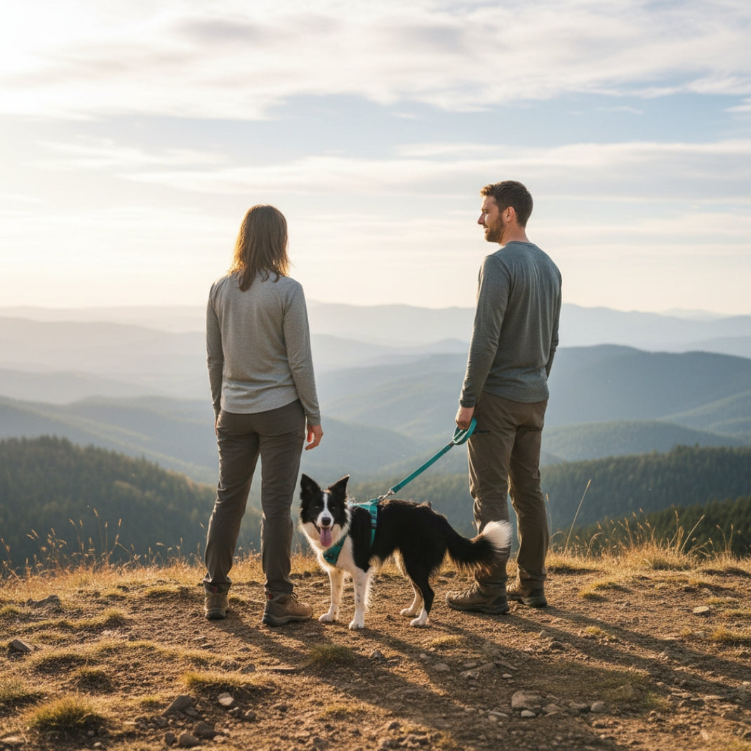 Two people standing on a mountain with a dog, enjoying the view.