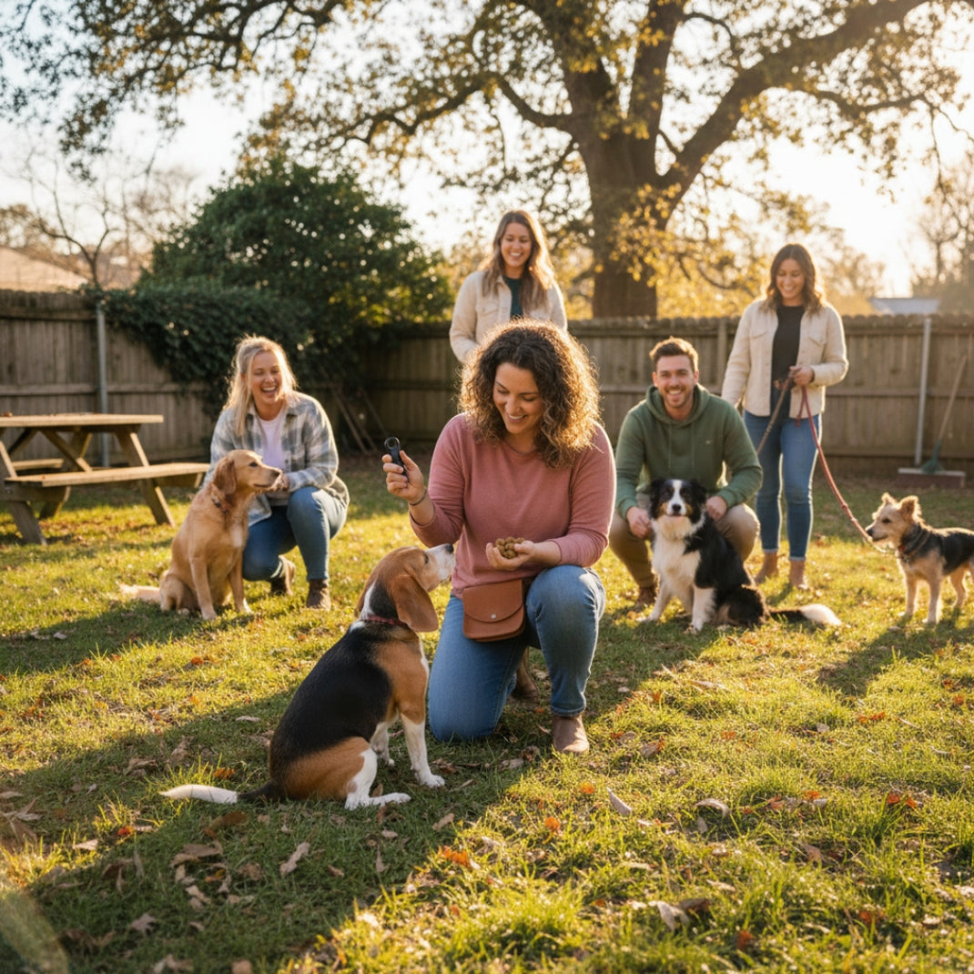 Group of people with dogs in a park setting