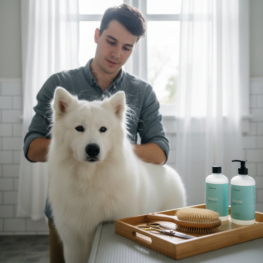 Man grooming a white dog with pet grooming products on a tray in a bathroom.