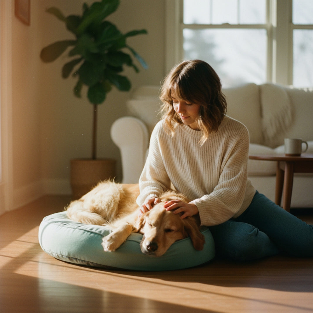 Woman sitting on the floor with a dog on a cushion in a sunlit room.