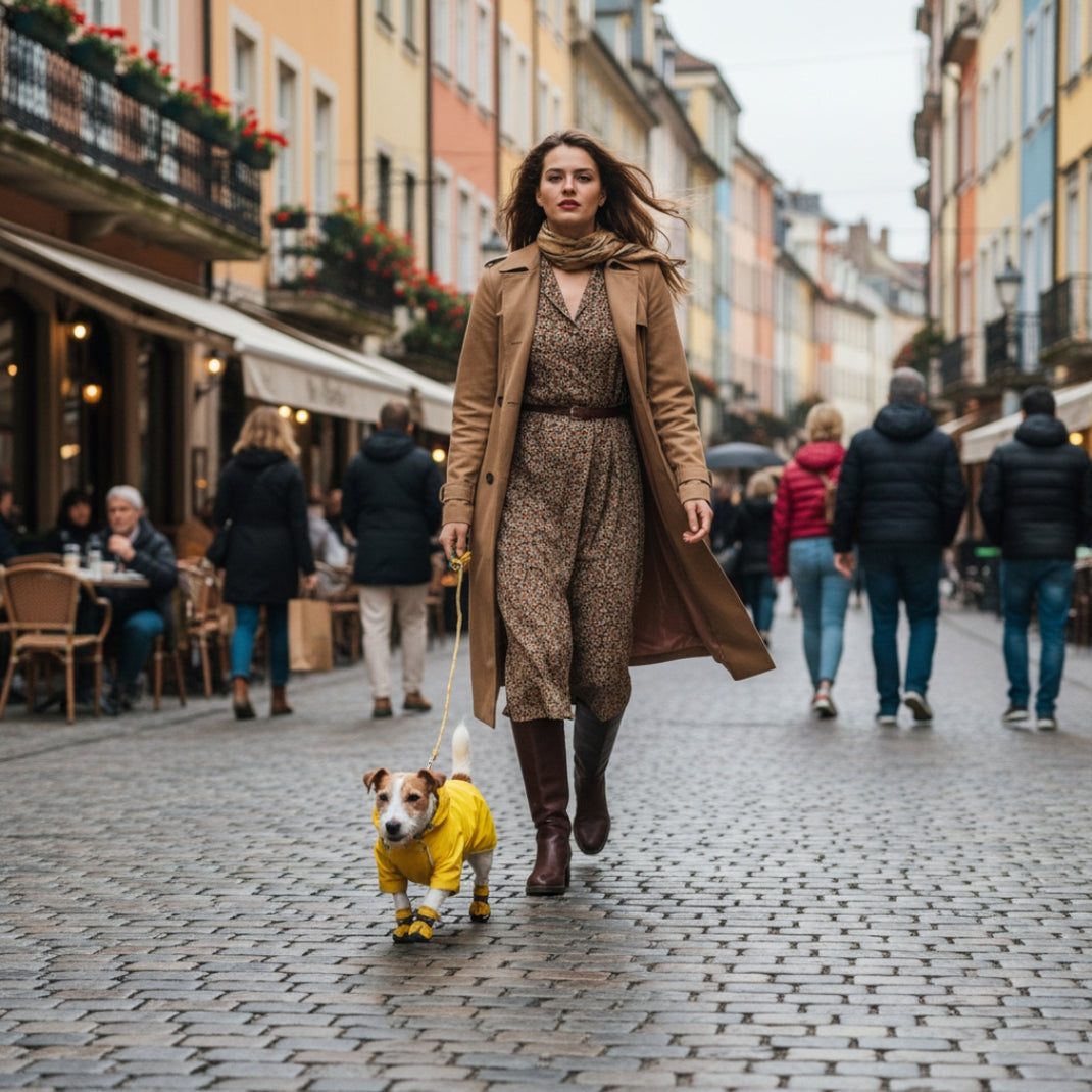 Woman walking a dog in a yellow raincoat on a city street.